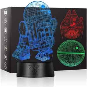 Luz Led 3D Star Wars, con imágenes de R2-D2, La Estrella de la Muerte y el Halcón Milenario.